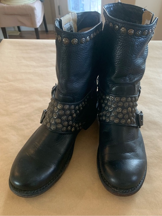 Frye Shoes - Frye Black Leather Buckle Studded Moto Boots Size 9.5